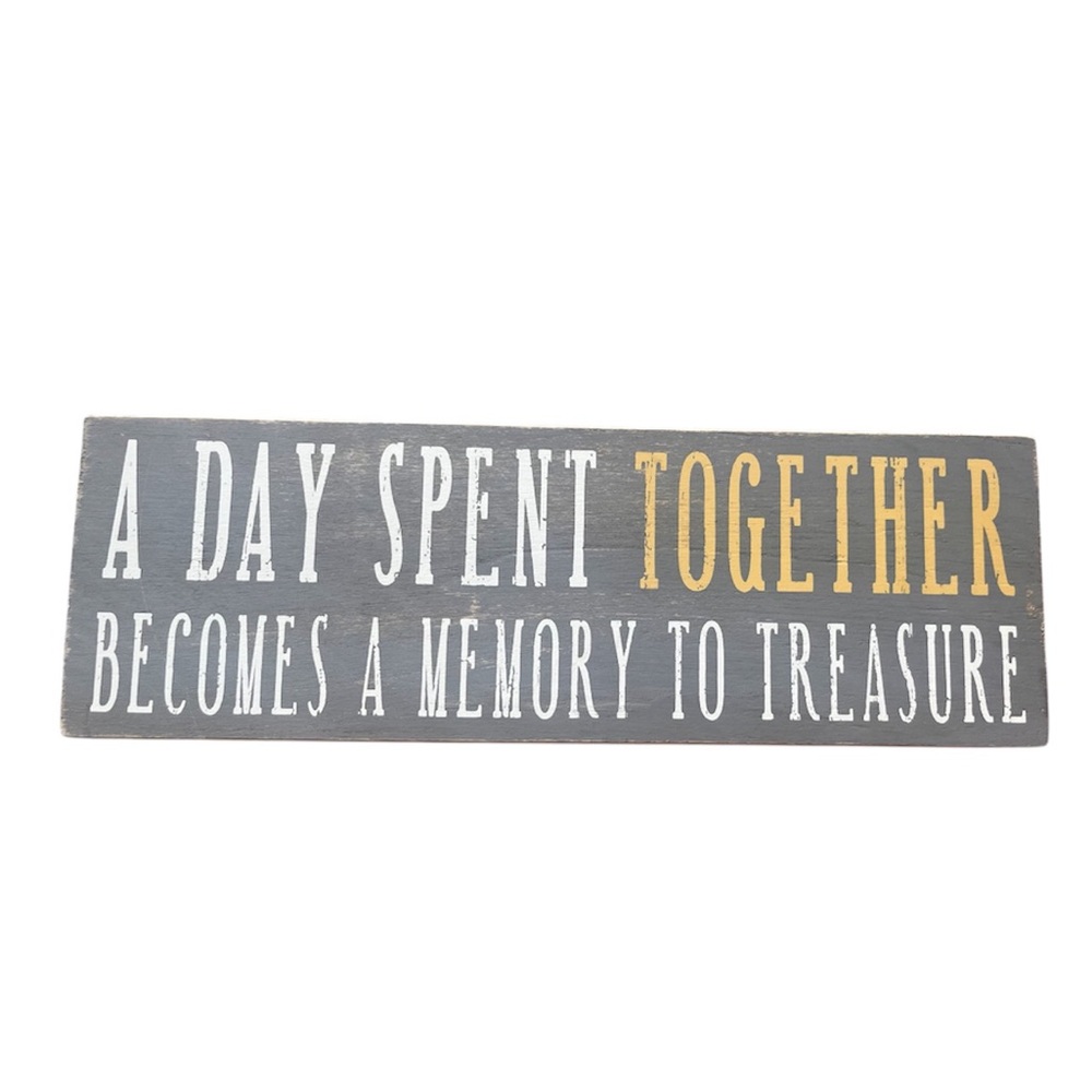 Gray Wooden Sign with White and Gold Text